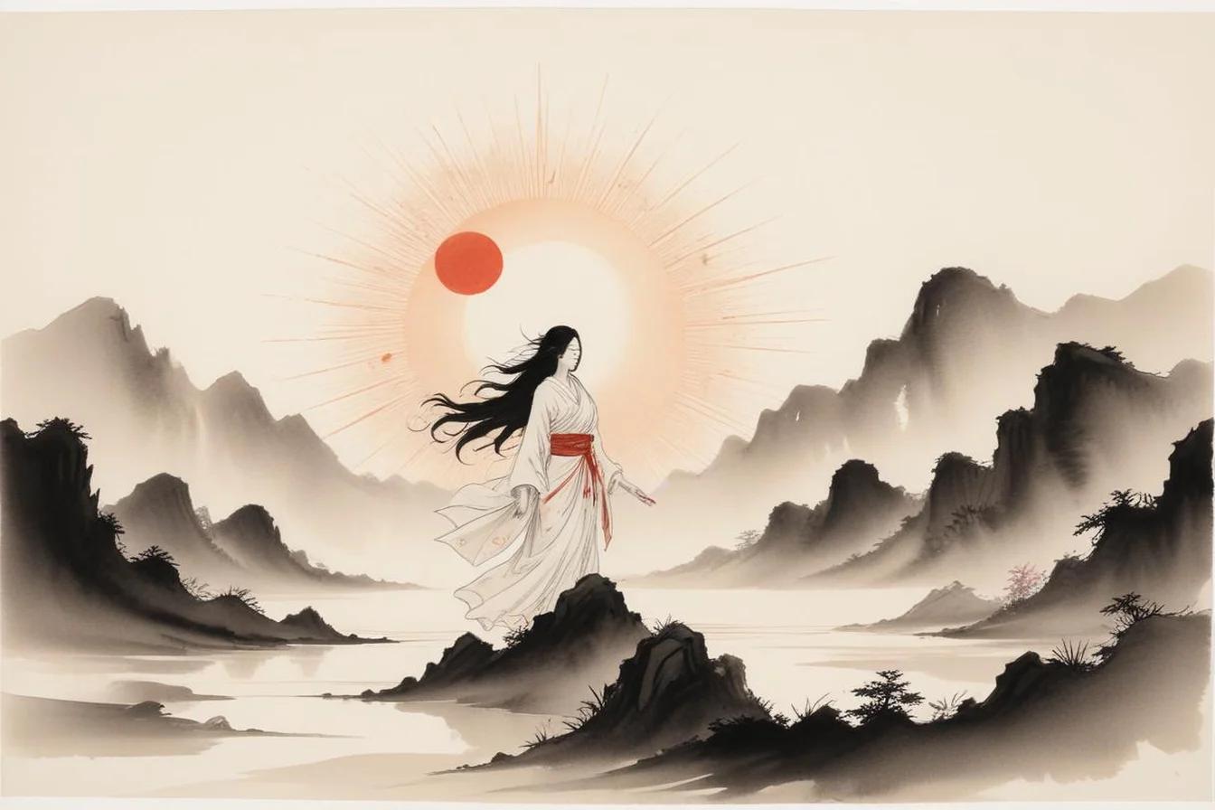 Sumi-e ink illustration of Amaterasu (天照大御神)