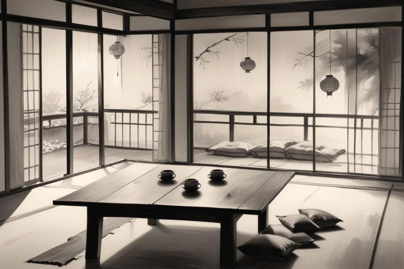 Sumi-e ink illustration of Bōnenkai (忘年会)