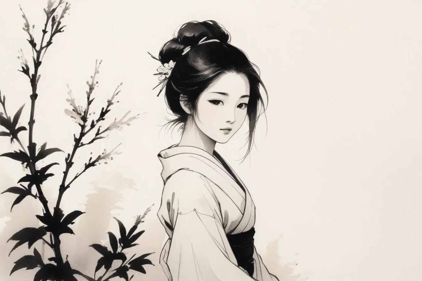 Sumi-e ink illustration of Dandere (ダンデレ)