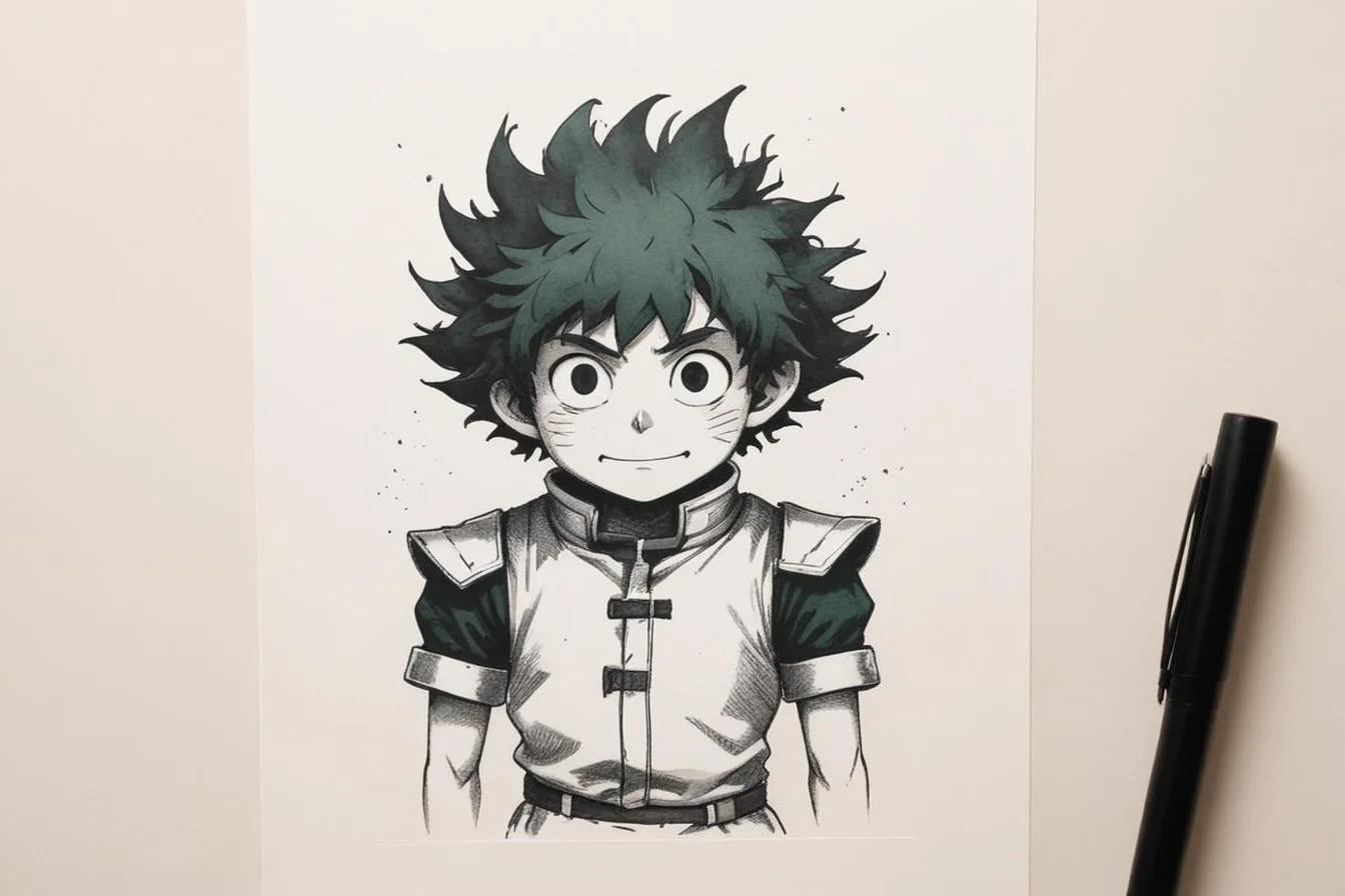 Sumi-e ink illustration of Deku (木偶)