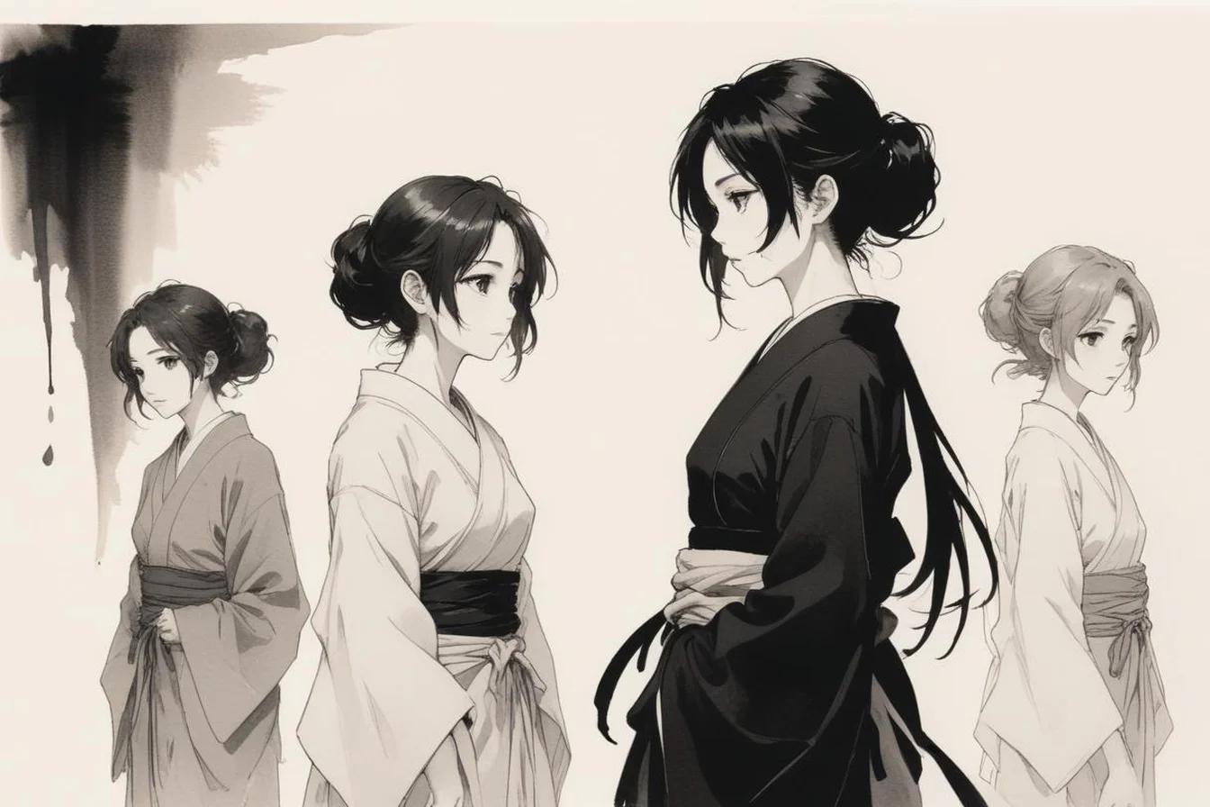Sumi-e ink illustration of Dere Types (デレ)
