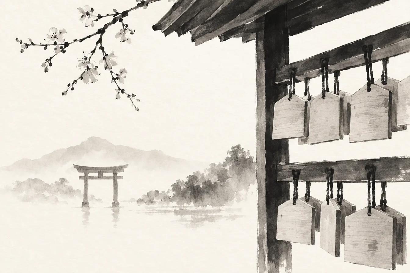 Sumi-e ink illustration of Ema (絵馬)