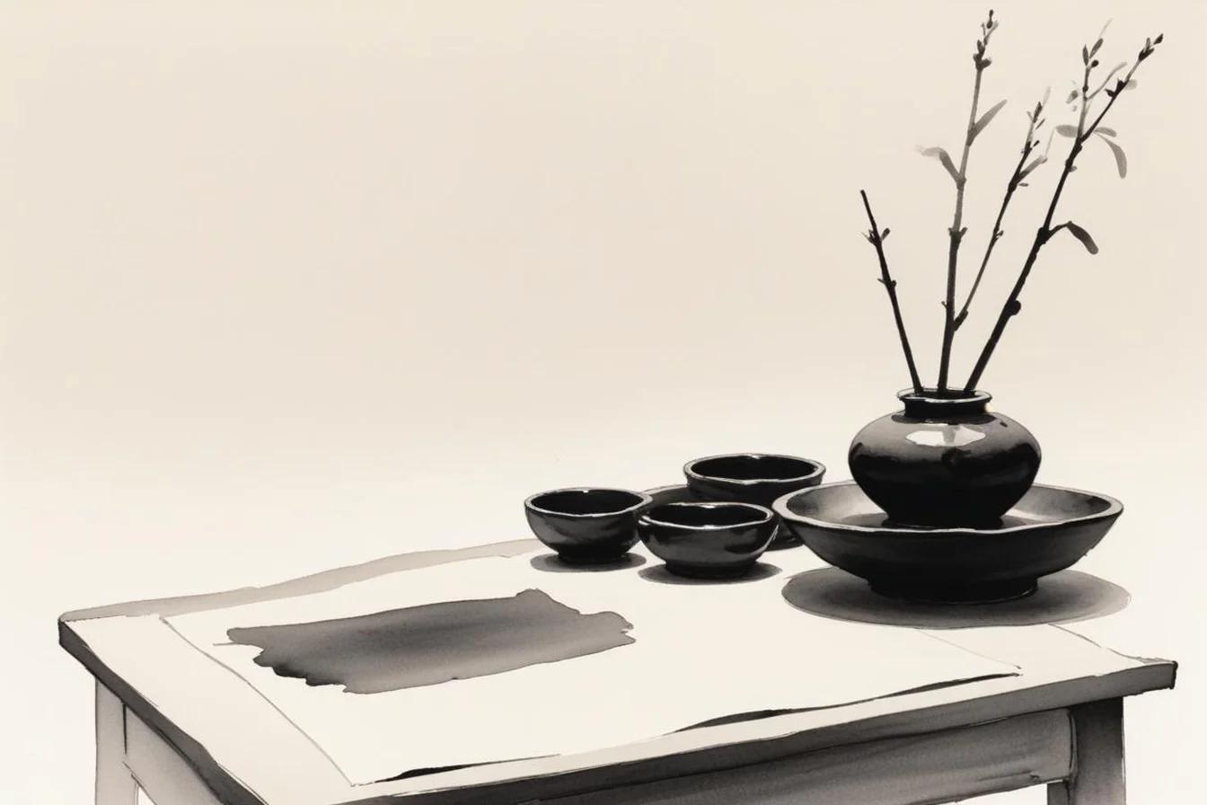 Sumi-e ink illustration of Genchi Genbutsu (現地現物)