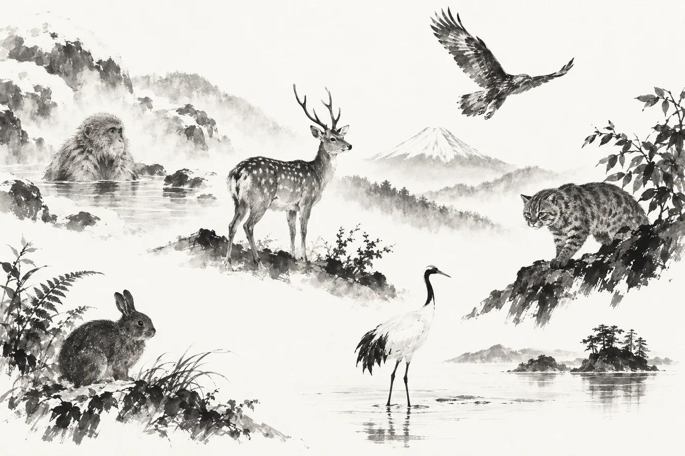 Sumi-e ink illustration of Japanese Animals: A Guide to Japan's Native Wildlife