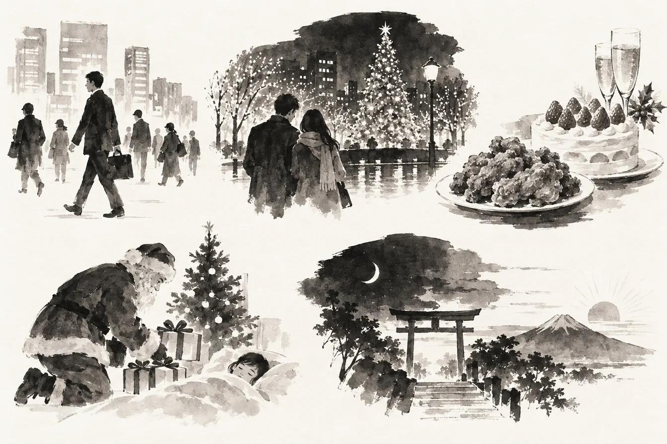 Sumi-e ink illustration of Japanese Christmas Traditions: How Japan Celebrates Christmas