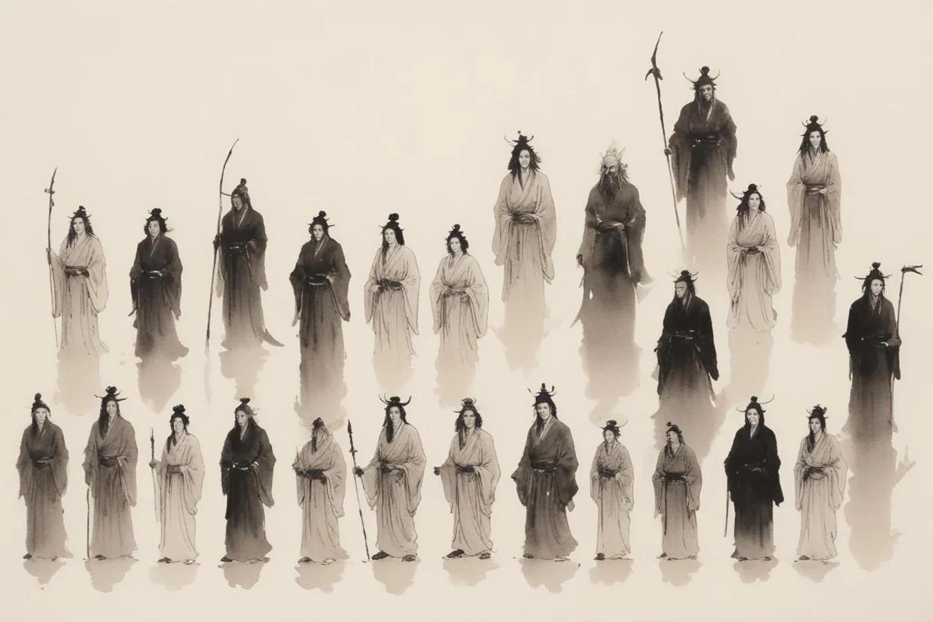 Sumi-e ink illustration of Japanese Gods and Goddesses