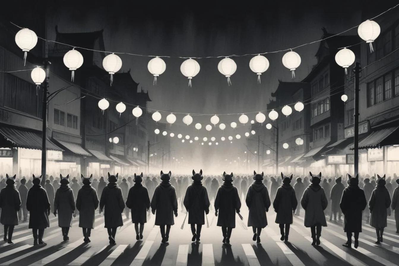 Sumi-e ink illustration of Japanese Halloween