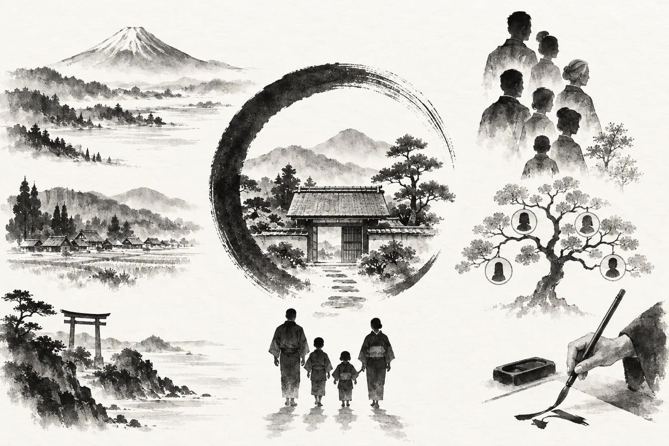 Sumi-e ink illustration of Japanese Surnames