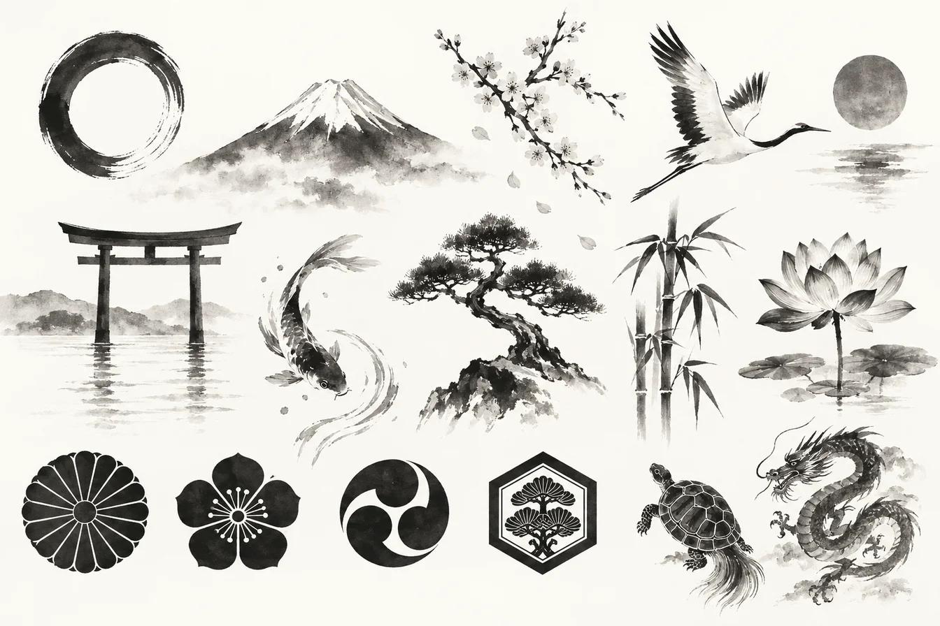 Sumi-e ink illustration of Japanese Symbols and Their Meanings