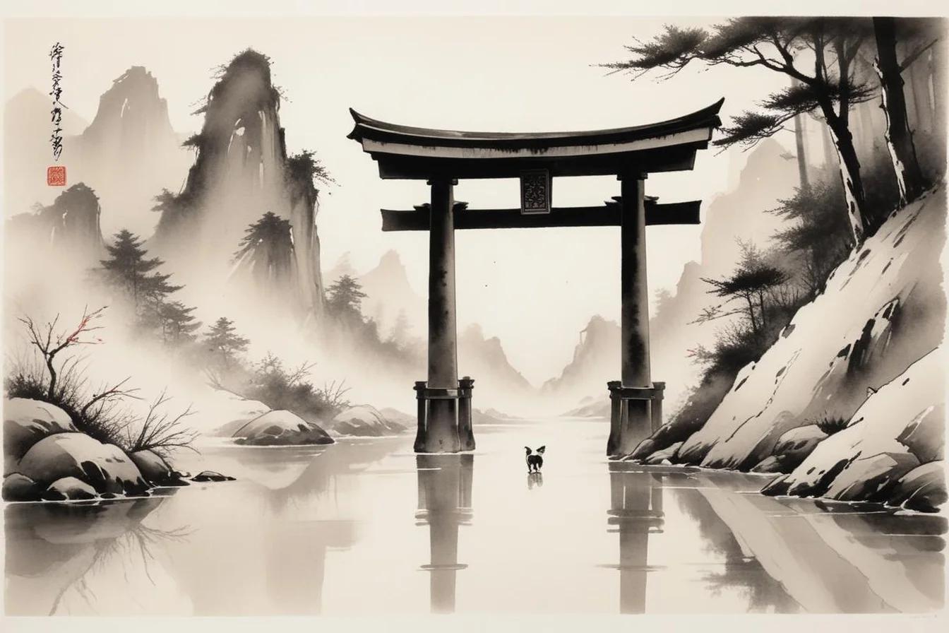 Sumi-e ink illustration of Inari (稲荷大神)