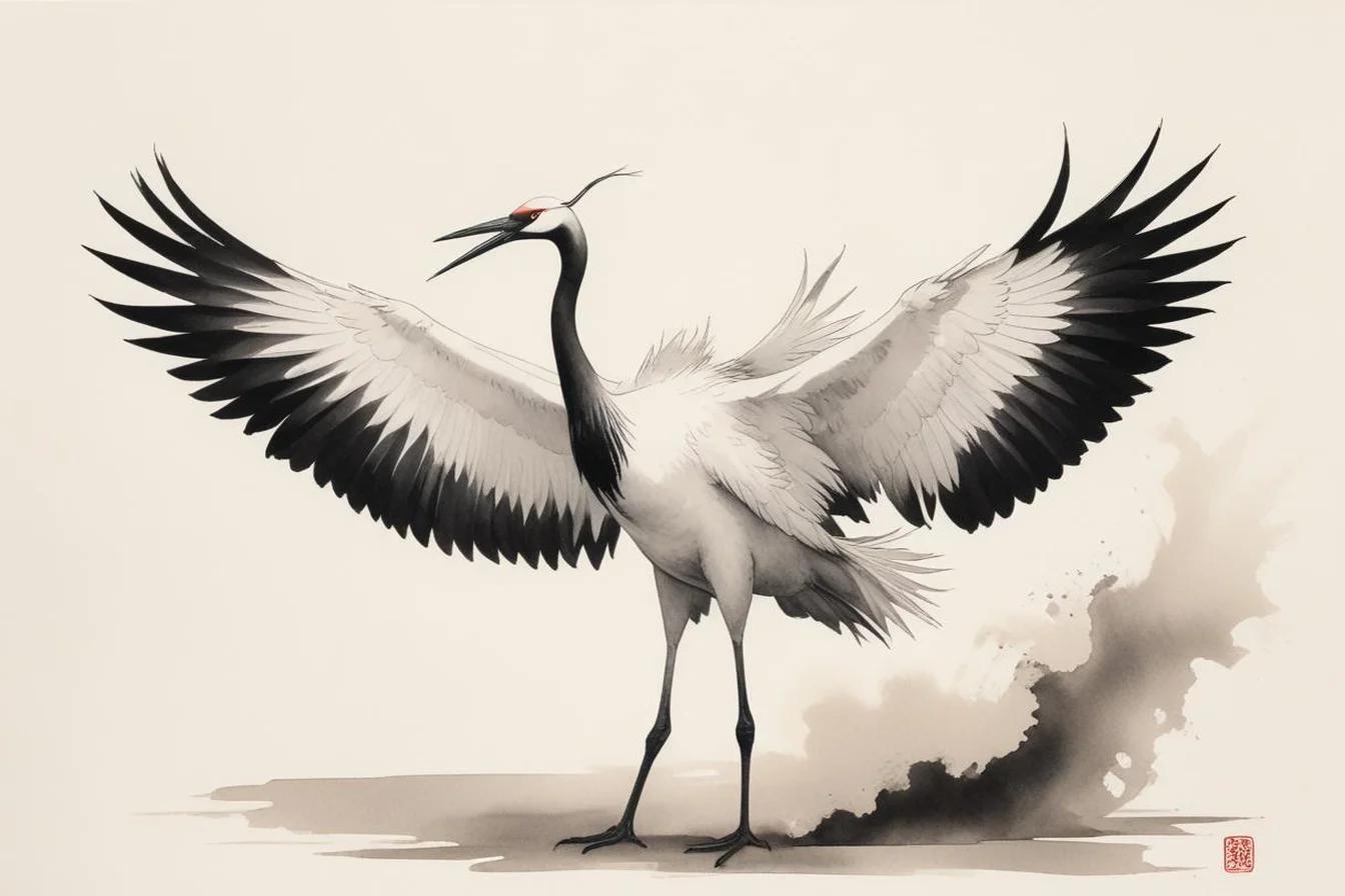 Sumi-e ink illustration of Japanese Crane (鶴)