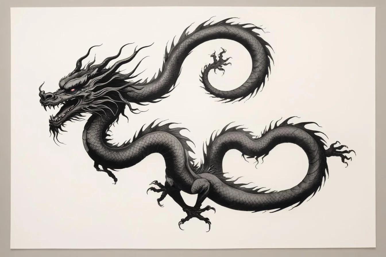 Sumi-e ink illustration of Japanese Dragon (龍)