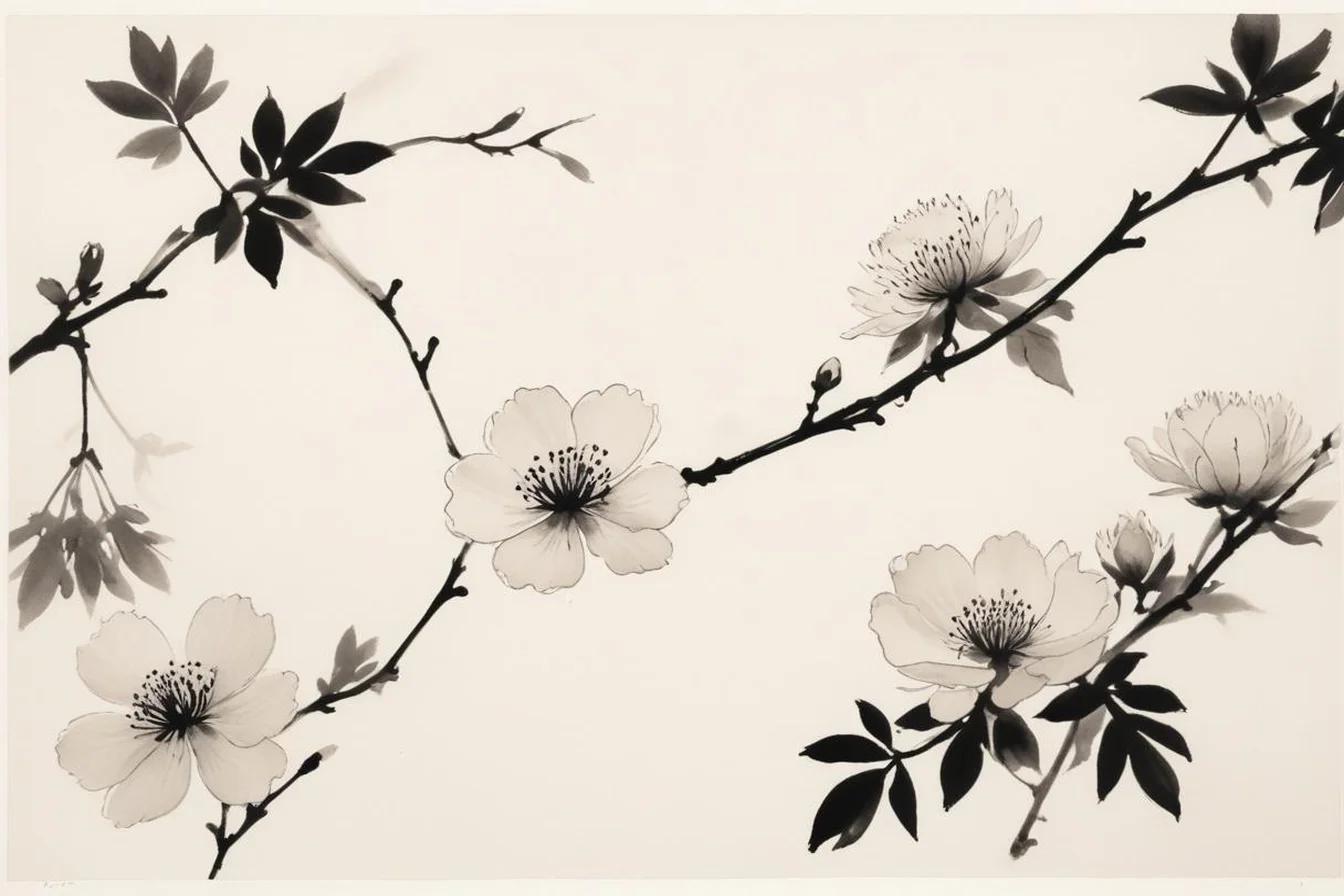 Sumi-e ink illustration of Japanese Flowers (花言葉)