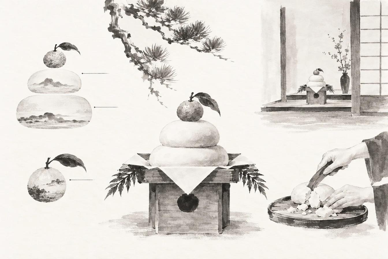 Sumi-e ink illustration of Kagami Mochi (鏡餅)