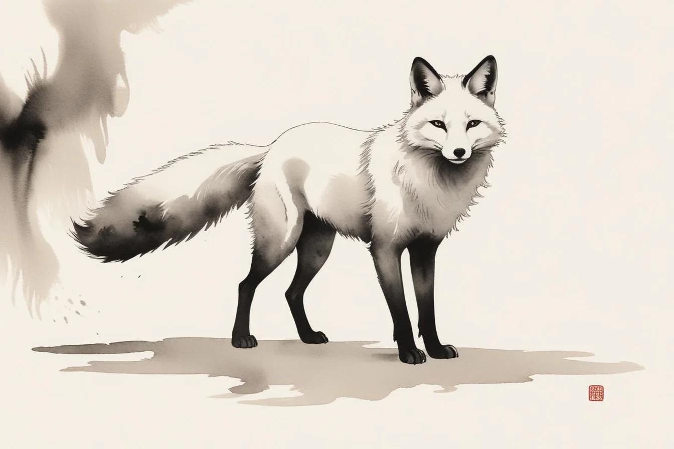 Sumi-e ink illustration of Kitsune (狐)