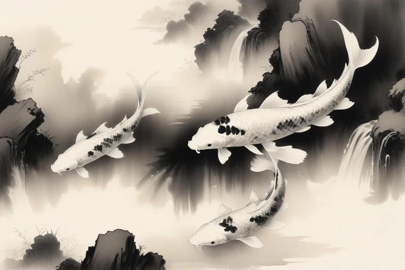 Sumi-e ink illustration of Koi Fish (鯉)