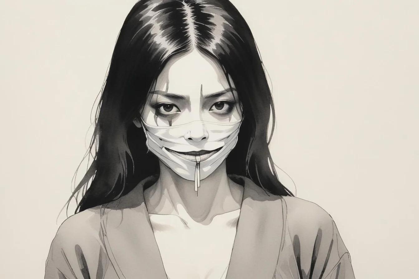 Sumi-e ink illustration of Kuchisake-onna (口裂け女)