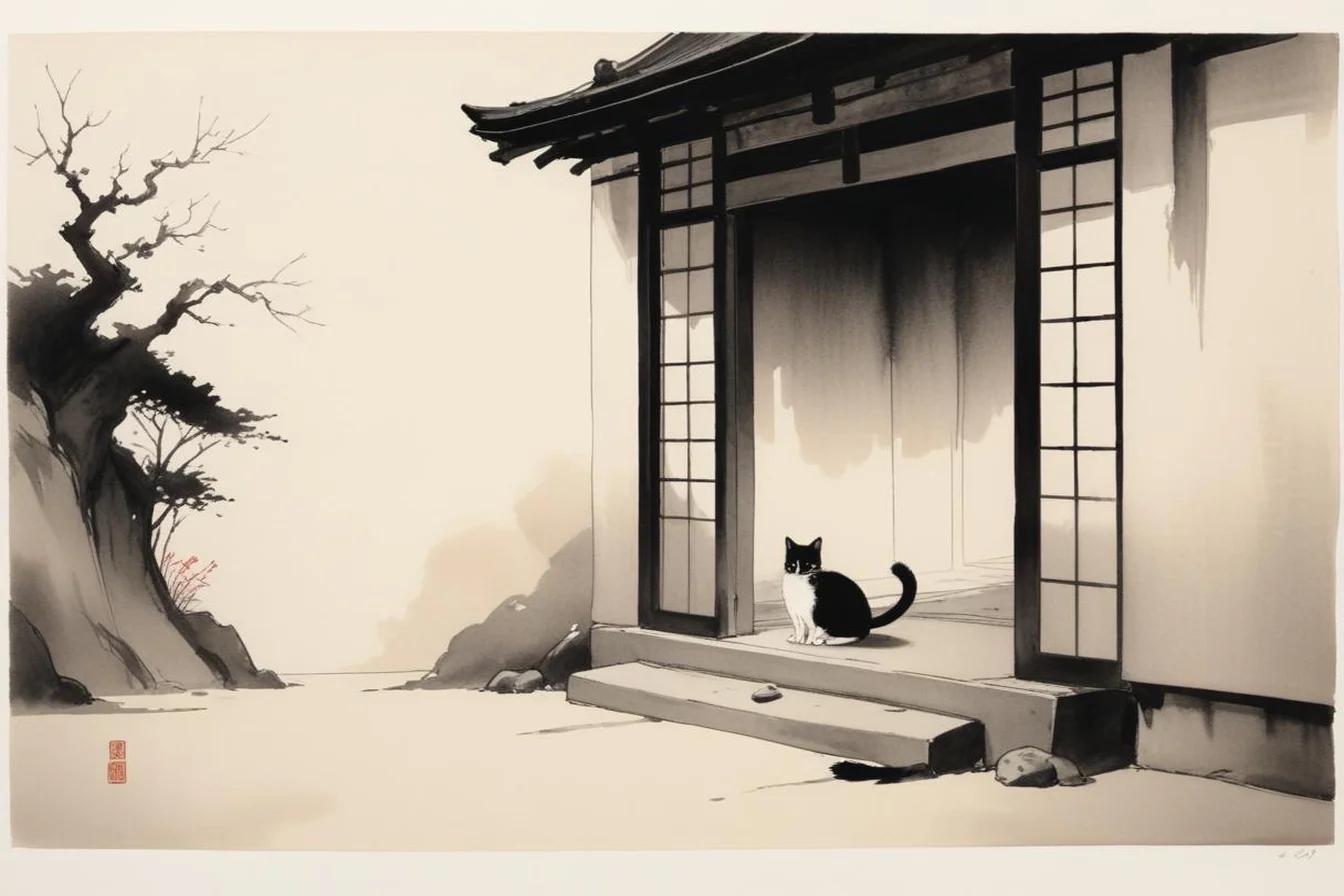 Sumi-e ink illustration of Nekomata (猫又)