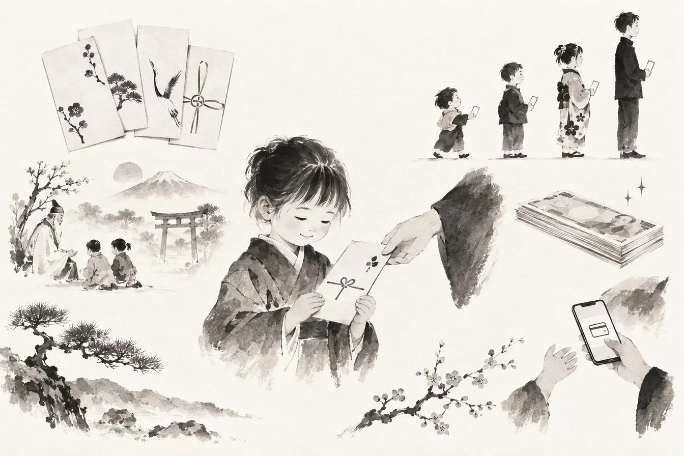 Sumi-e ink illustration of Otoshidama (お年玉)