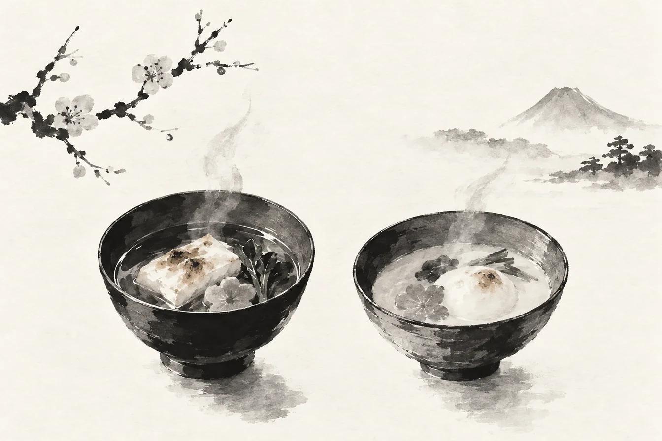 Sumi-e ink illustration of Ozoni (お雑煮)