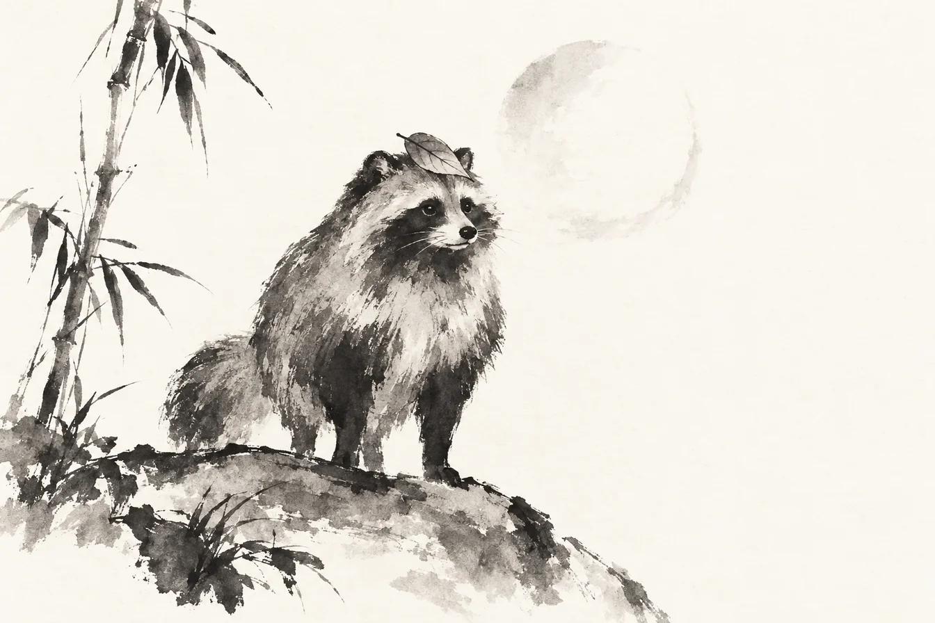 Sumi-e ink illustration of Tanuki (狸)