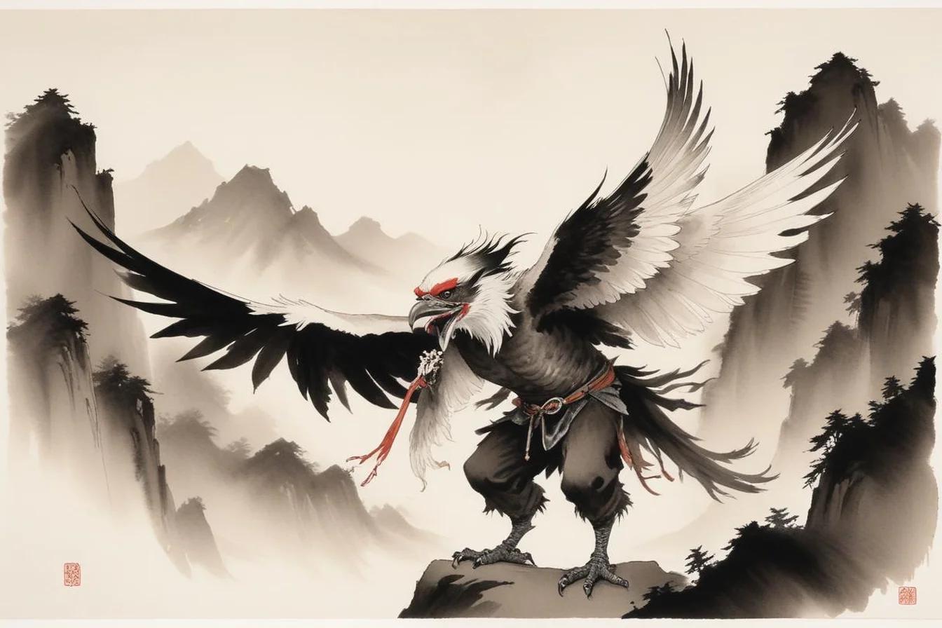 Sumi-e ink illustration of Tengu (天狗)