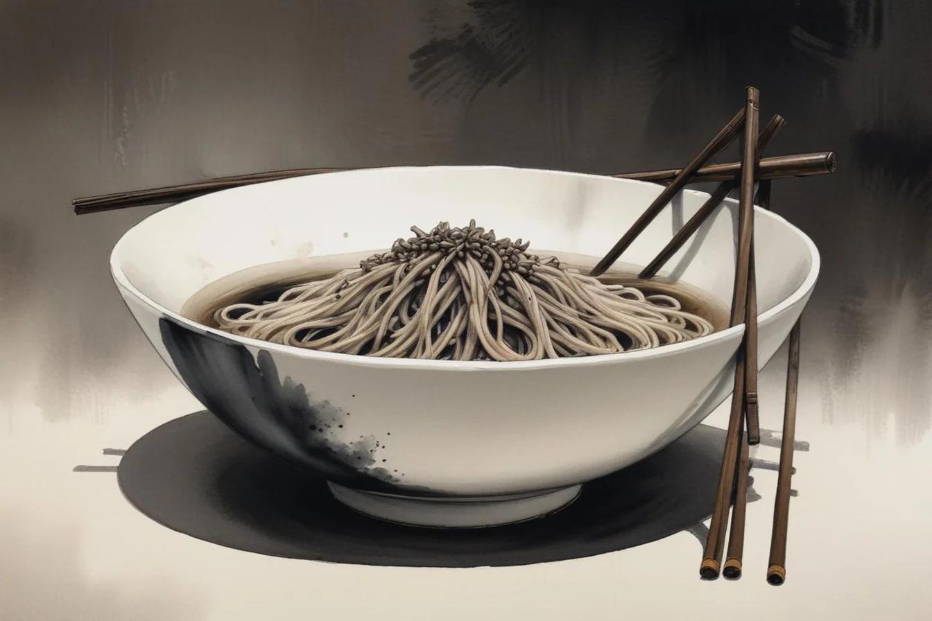 Sumi-e ink illustration of Toshikoshi Soba (年越しそば)