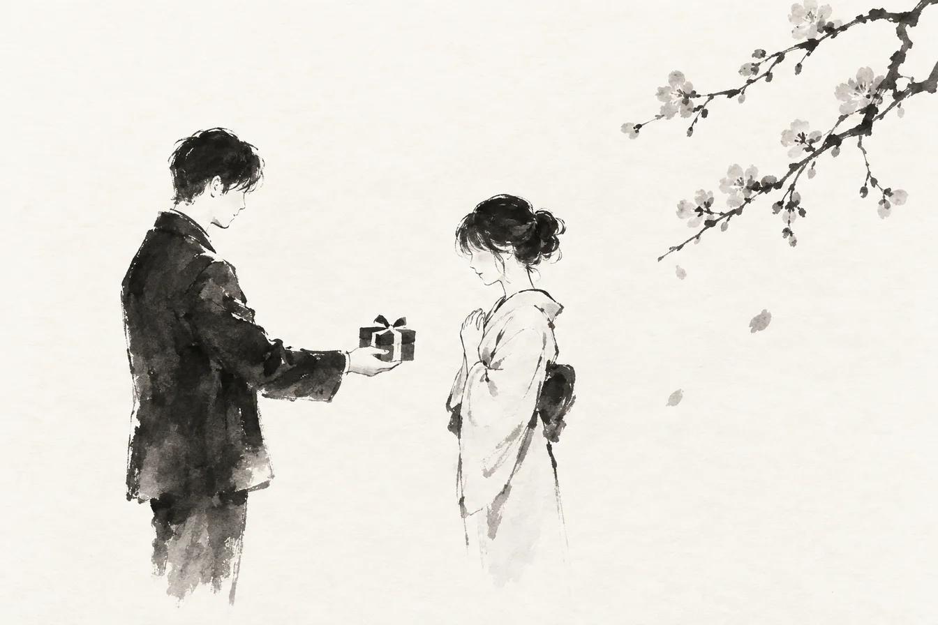 Sumi-e ink illustration of White Day (ホワイトデー)
