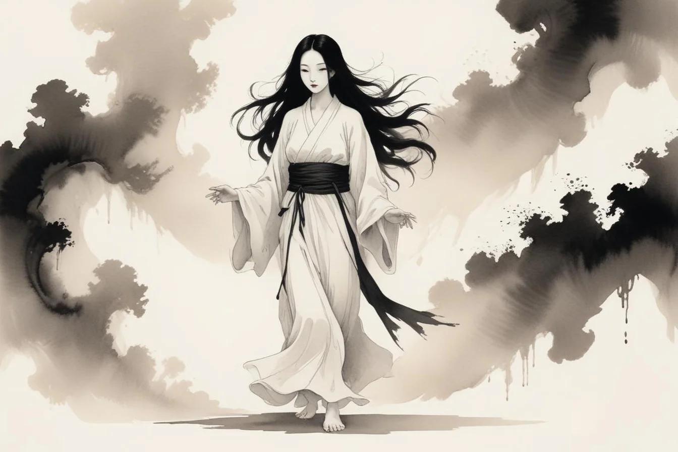 Sumi-e ink illustration of Yurei (幽霊)
